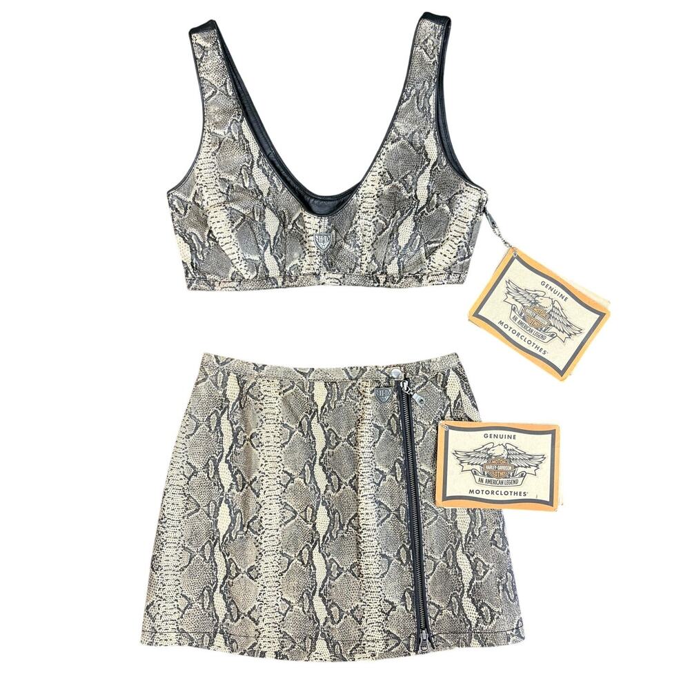 NWT Harley Davidson Two Piece Top & Skirt Set Genuine Leather Snake Print Sz 2